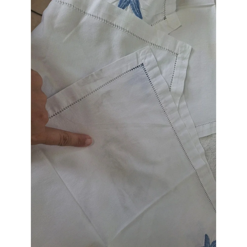 Vintage White Linen Starfish Embroidered Hemstitch Napkins Set of 9 Coastal Blue